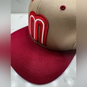 Tan and Red Mexico Cap with Embroidered Logo